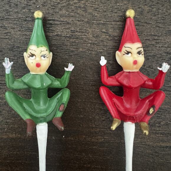 Vintage Green & Red 4 Pixie Elf w/ Ladybug Climber Cake Topper Picks Christmas - Picture 7 of 16